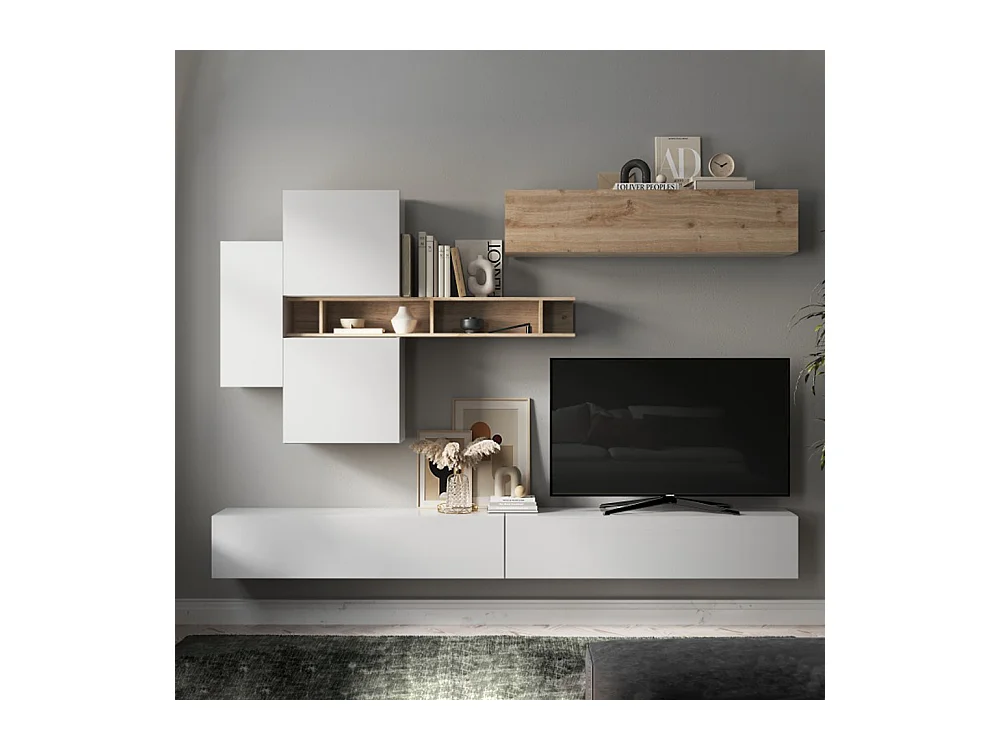 Parete attrezzata sospesa 276x210 cm bianco lucido e rovere PAL51