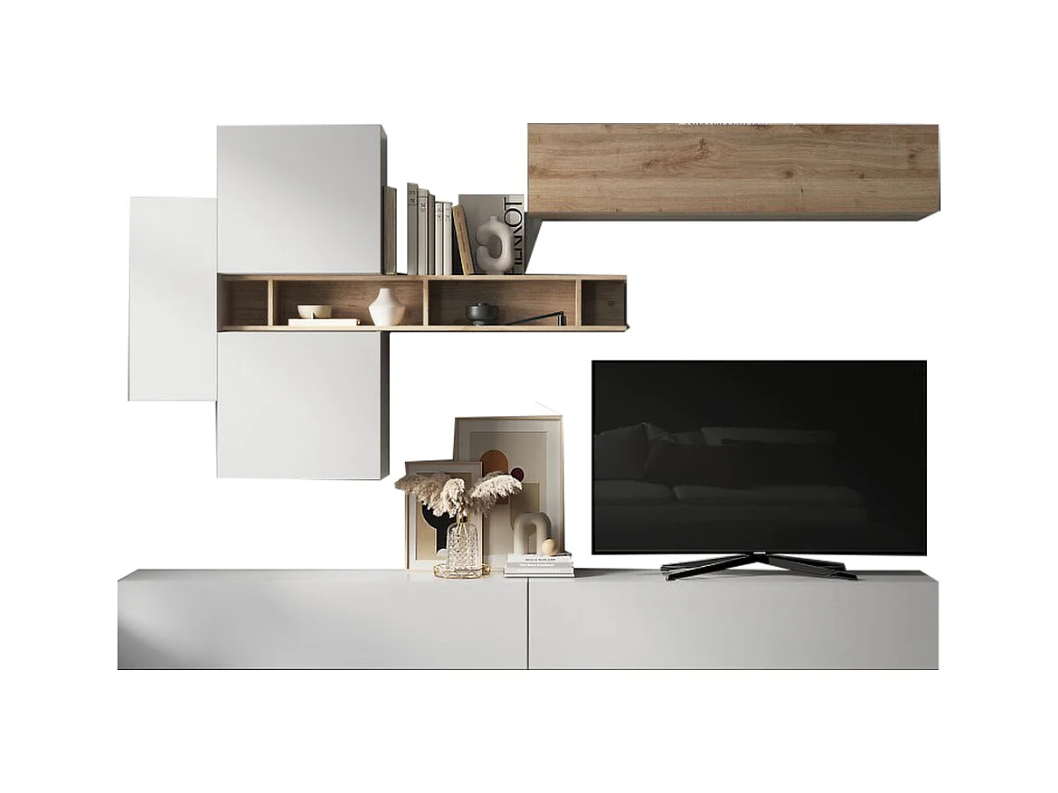 Parete attrezzata sospesa 276x210 cm bianco lucido e rovere PAL51