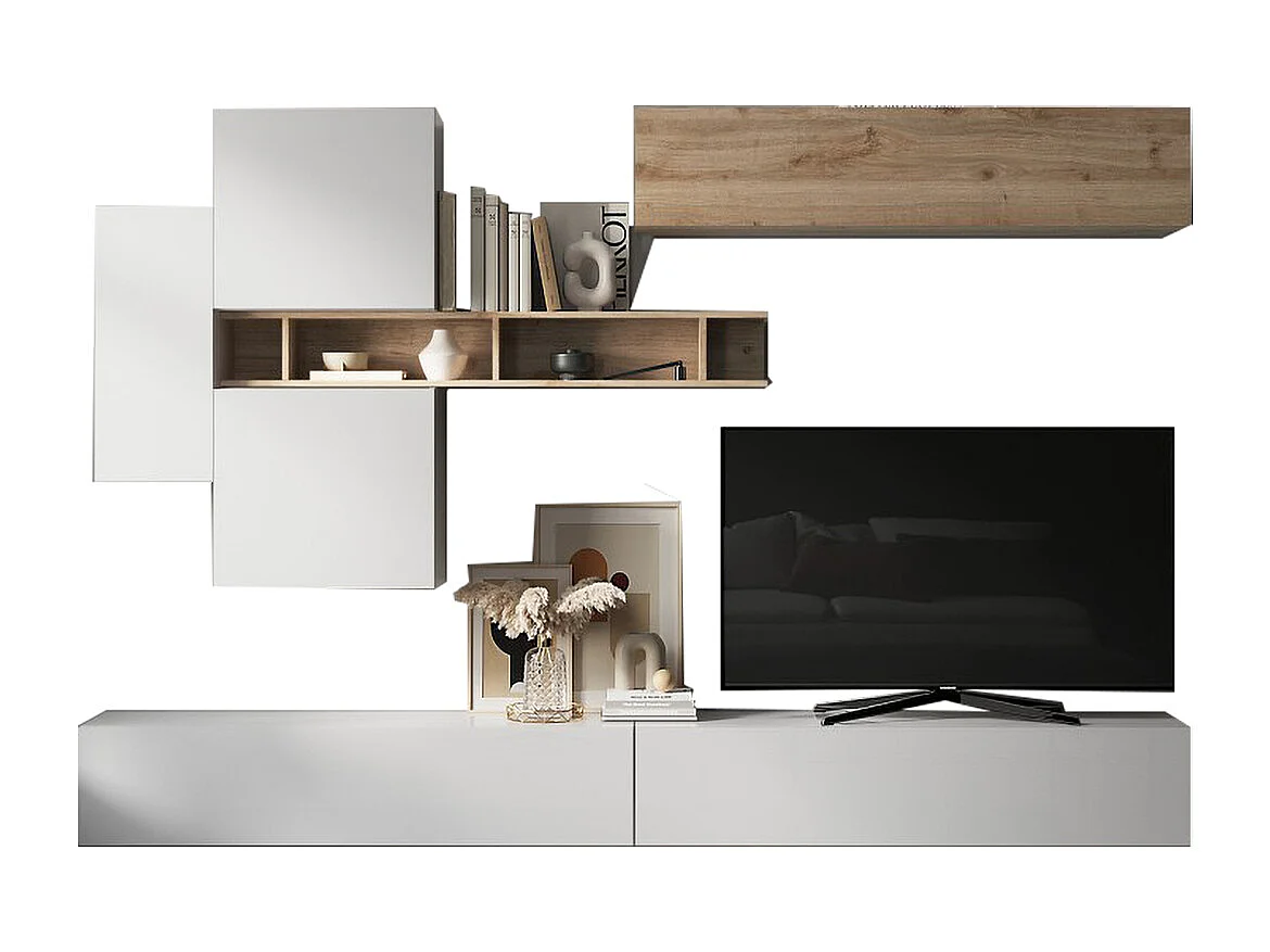 Parete attrezzata sospesa 276x210 cm bianco lucido e rovere PAL51