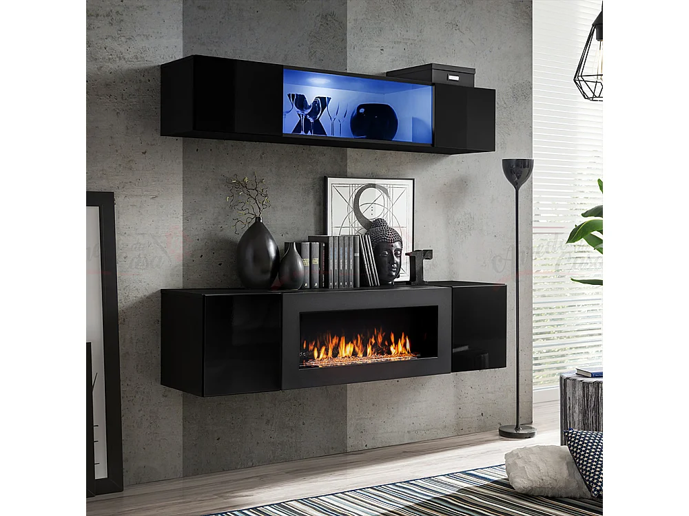 Parete attrezzata sospesa con vetrina illuminata e biocamino 160x150 nero PAP113