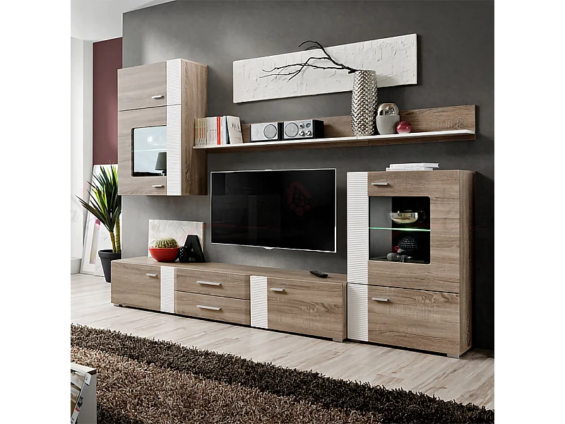 Parete attrezzata da soggiorno con vetrina sospesa PAP21 240x190 quercia tartufo e bianco lucido testurizzato