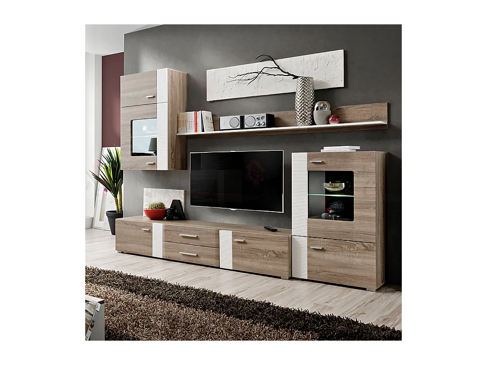 Parete attrezzata da soggiorno con vetrina sospesa PAP21 240x190 quercia tartufo e bianco lucido testurizzato