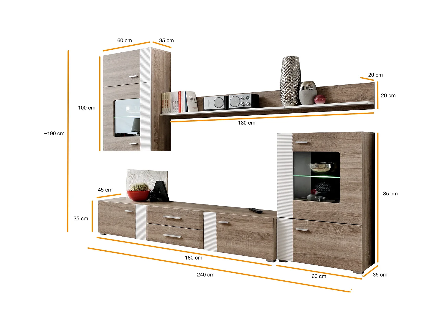 Parete attrezzata da soggiorno con vetrina sospesa PAP21 240x190 quercia tartufo e bianco lucido testurizzato