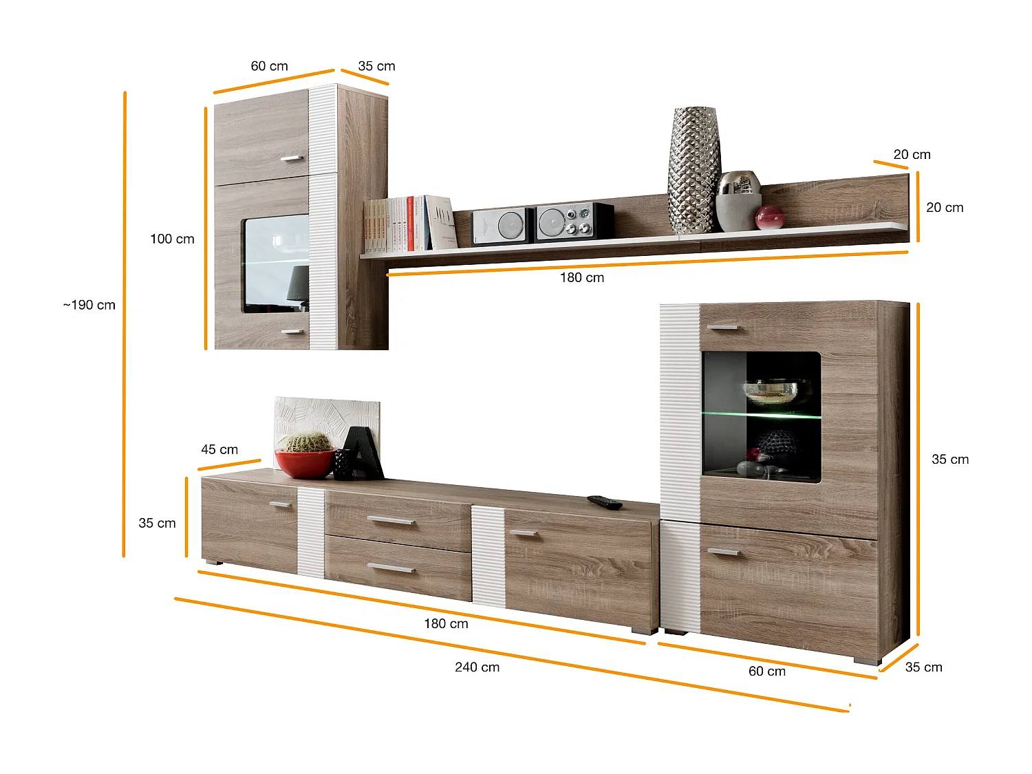 Parete attrezzata da soggiorno con vetrina sospesa PAP21 240x190 quercia tartufo e bianco lucido testurizzato