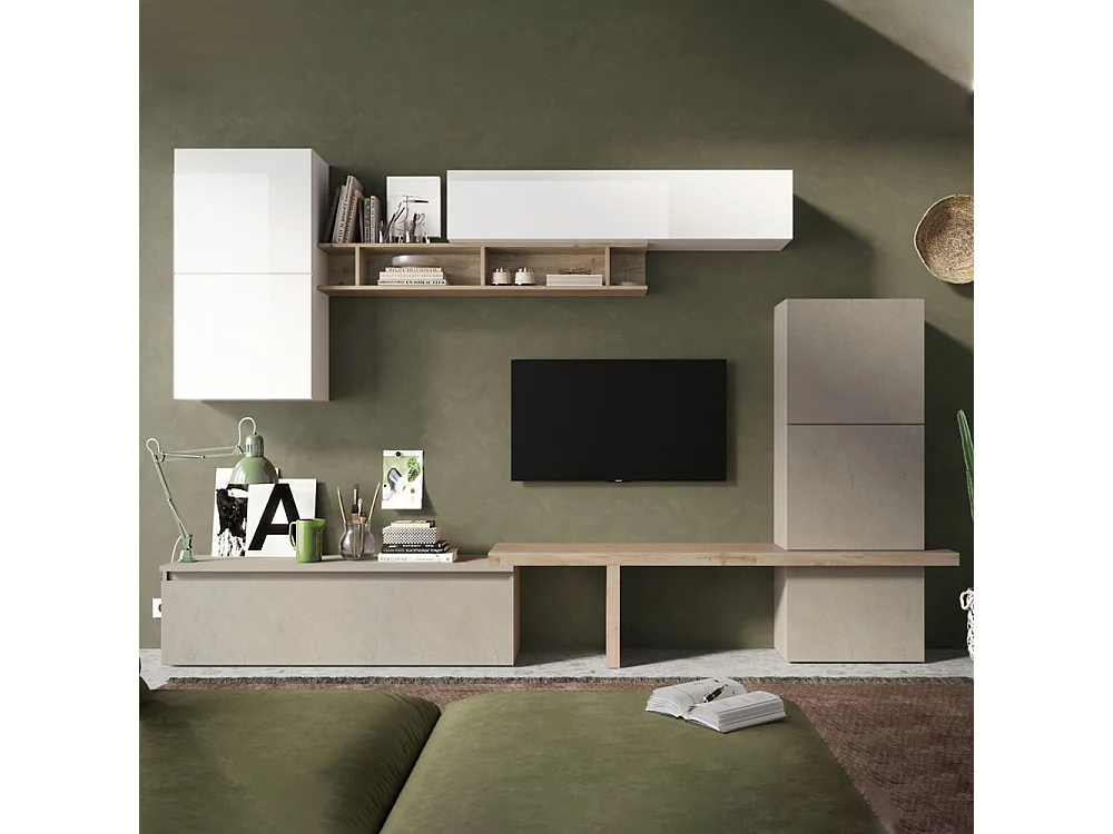 Parete attrezzata moderna 290x195 cm argilla, bianco lucido e rovere PAL27