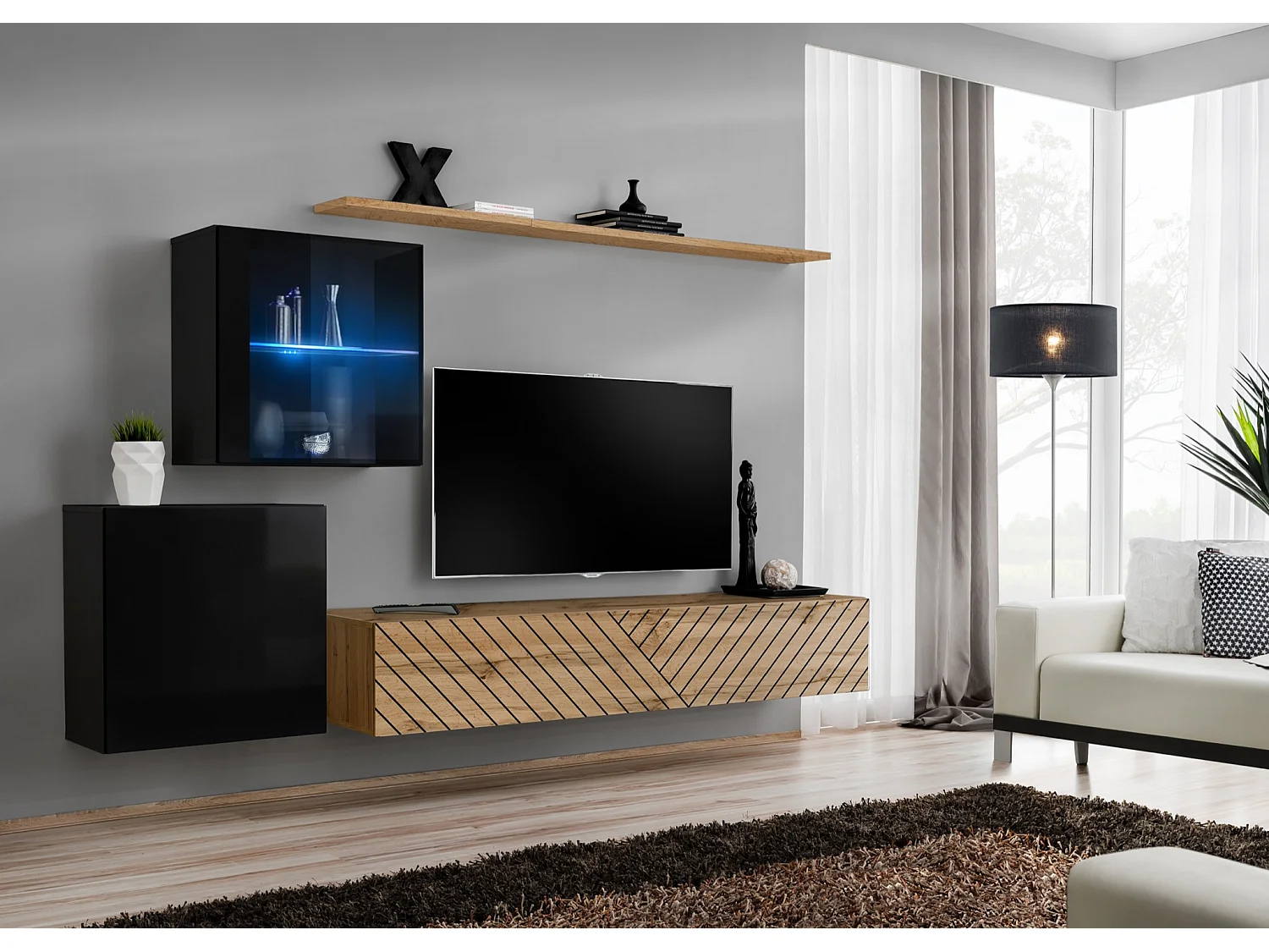 Parete attrezzata design moderno con vetrina illuminata PAP59 250x150 nero e rovere