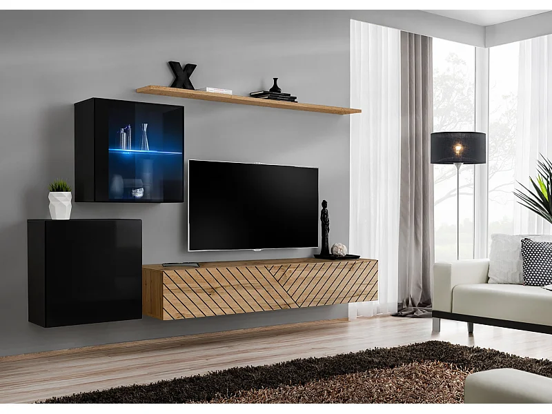 Parete attrezzata design moderno con vetrina illuminata PAP59 250x150 nero e rovere