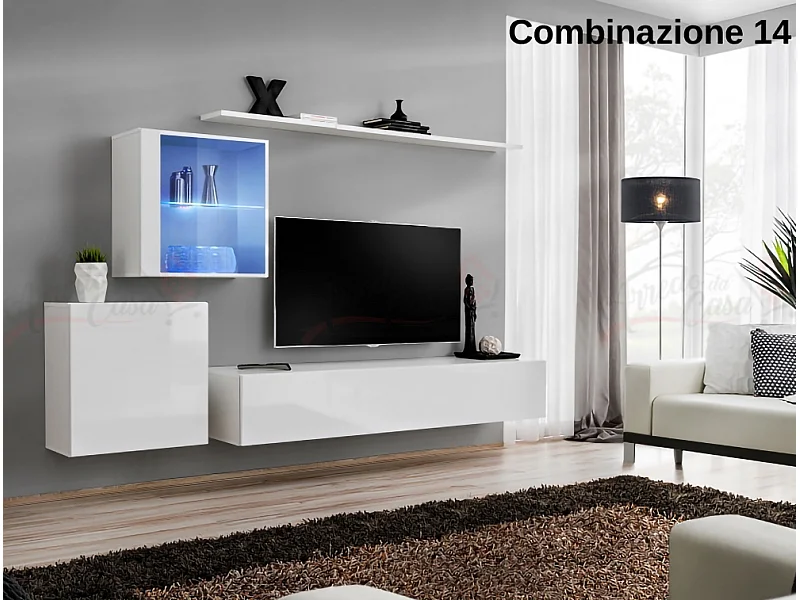 Parete attrezzata design moderno con vetrina illuminata PAP59 250x150 bianco