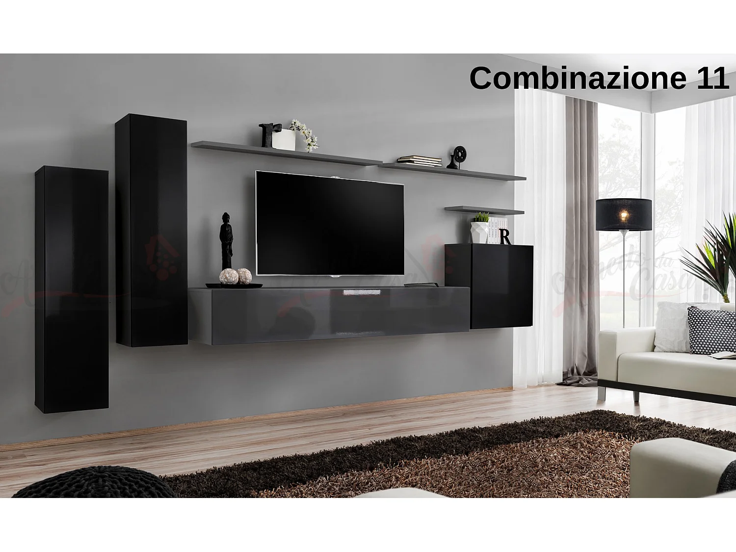 Parete attrezzata moderna sospesa330x160 nero e grigio PAP45