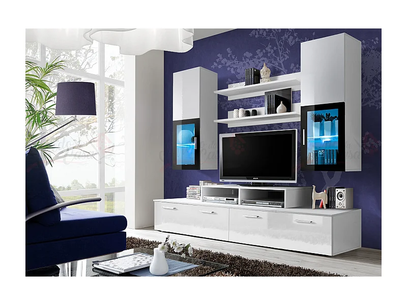 Parete attrezzata per soggiorno con vetrine illuminate 200x190 bianco PAP25