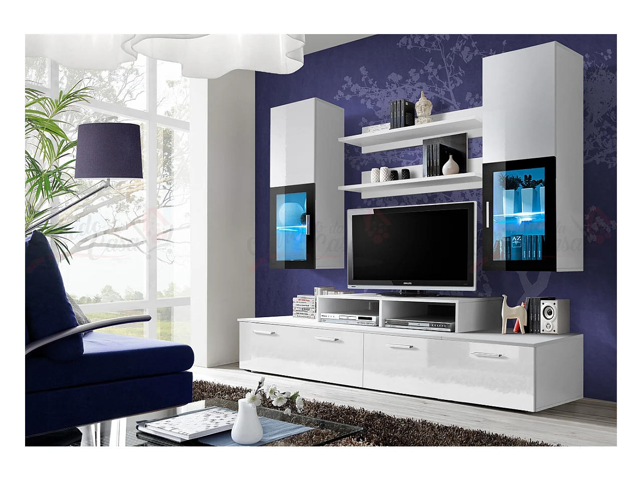 Parete attrezzata per soggiorno con vetrine illuminate 200x190 bianco PAP25