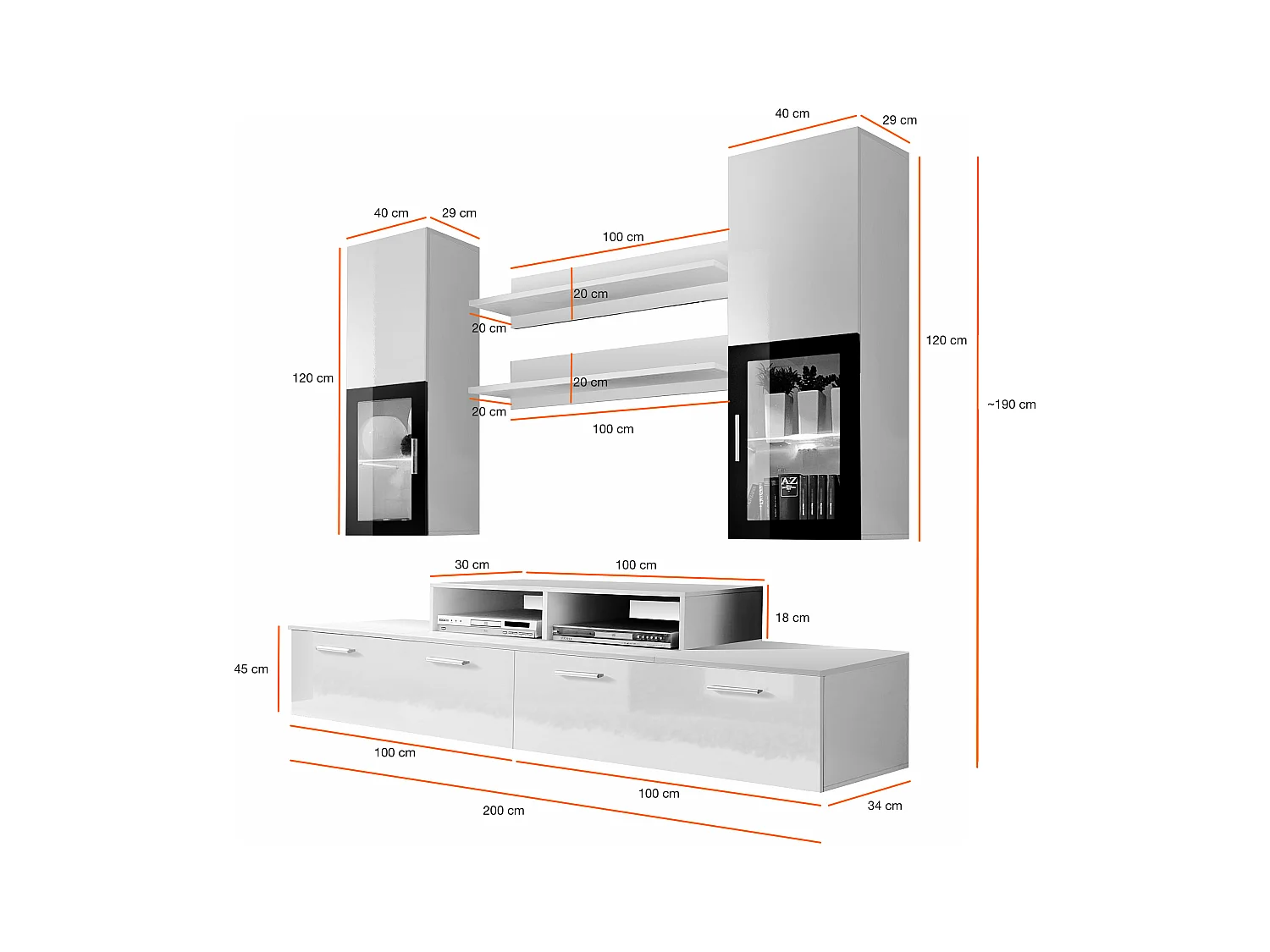 Parete attrezzata per soggiorno con vetrine illuminate 200x190 bianco PAP25