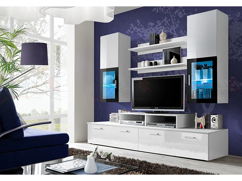 Parete attrezzata per soggiorno con vetrine illuminate 200x190 bianco PAP25