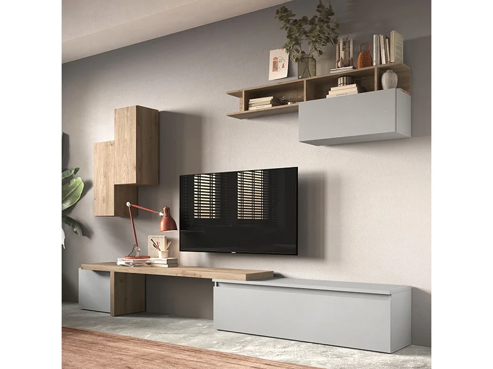 Parete attrezzata 290x210 cm con pensili rovere e grigio PAL41