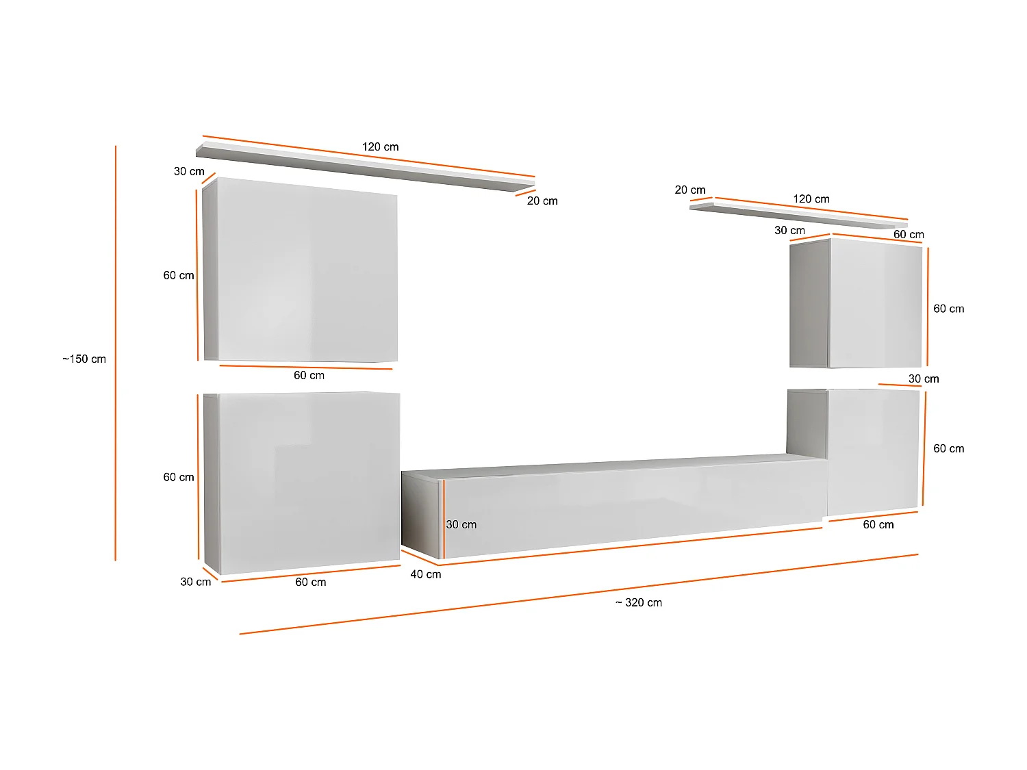 Parete attrezzata sospesa stile moderno PAP48 320x150 rovere e nero