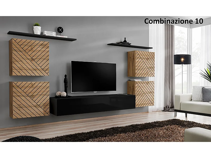 Parete attrezzata sospesa stile moderno PAP48 320x150 rovere e nero