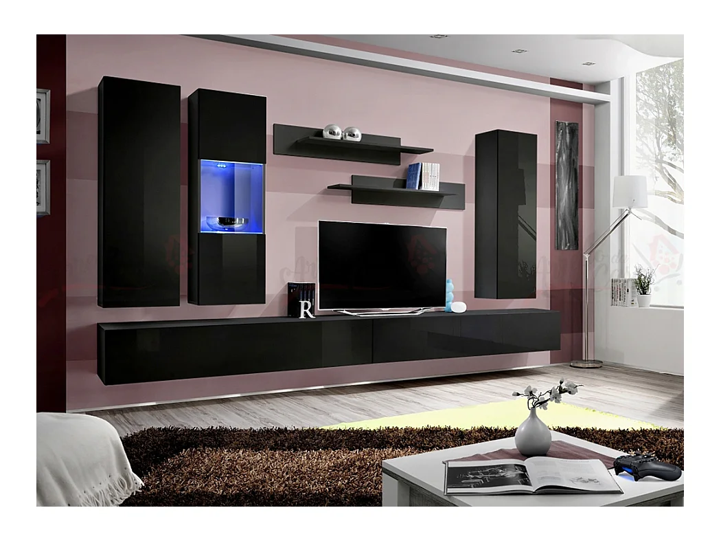 Parete attrezzata soggiorno sospesa con due mensole PAP95 320x190 nero