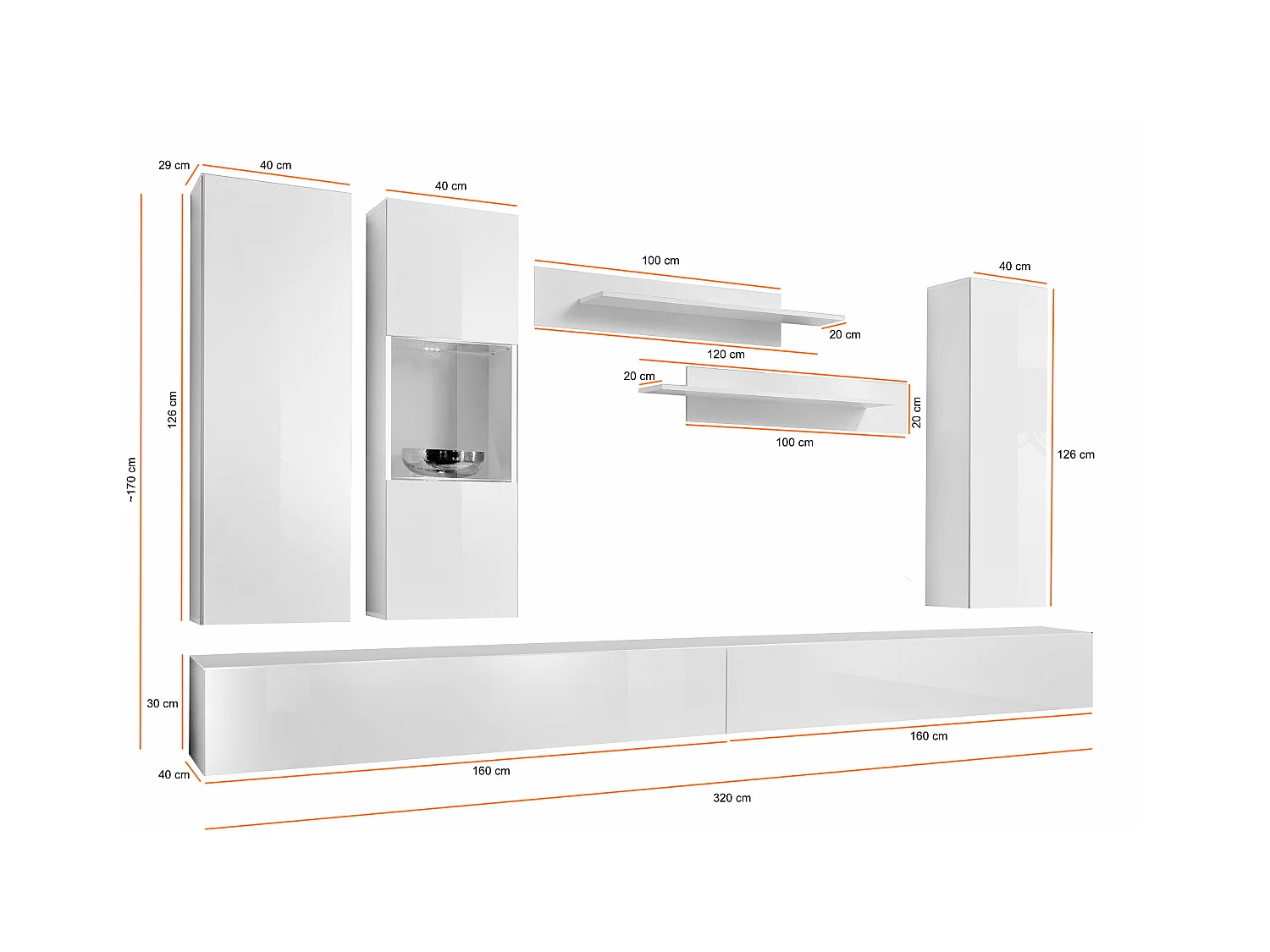 Parete attrezzata soggiorno sospesa con due mensole PAP95 320x190 nero