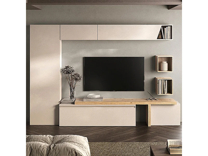 Parete attrezzata elegante per soggiorno 300x186 cm rovere e beige PAL77