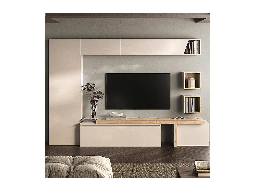Parete attrezzata elegante per soggiorno 300x186 cm rovere e beige PAL77