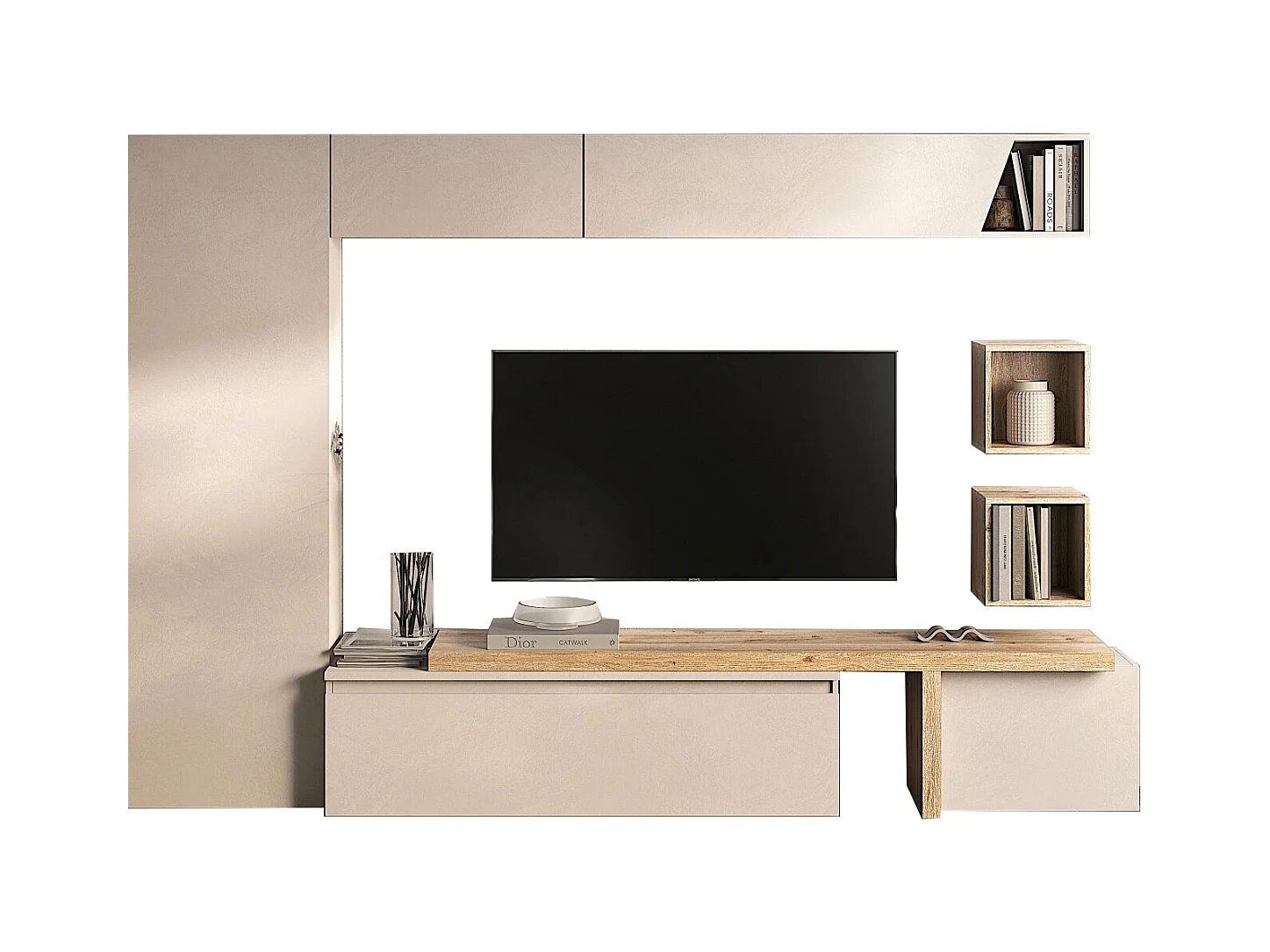 Parete attrezzata elegante per soggiorno 300x186 cm rovere e beige PAL77