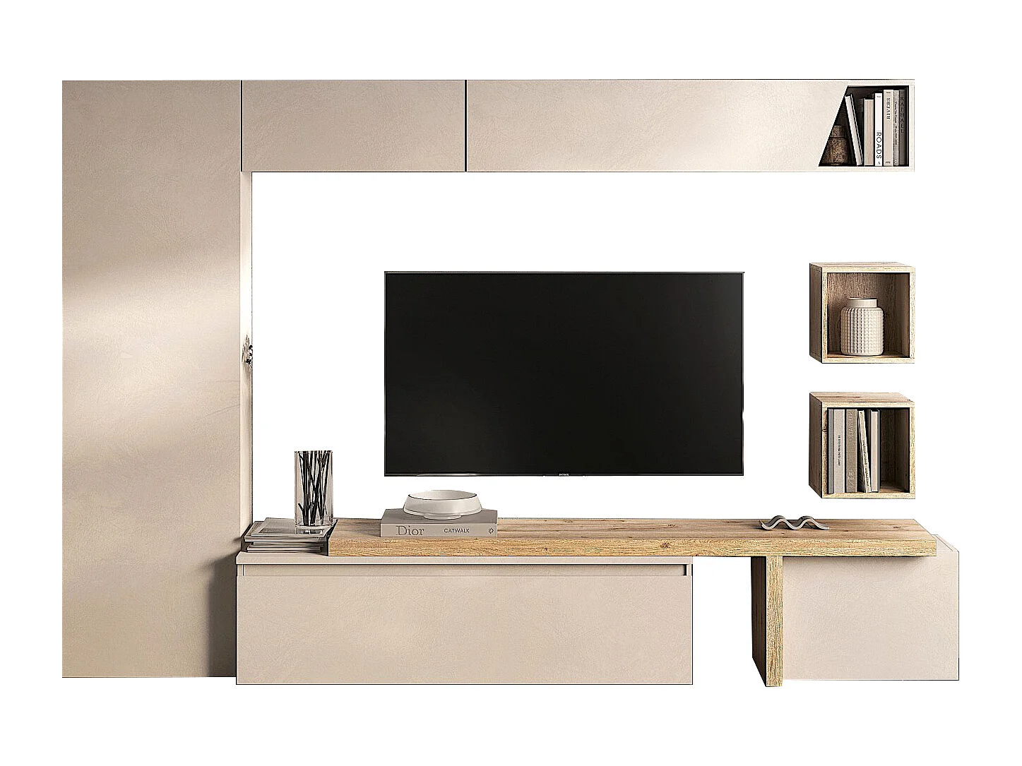 Parete attrezzata elegante per soggiorno 300x186 cm rovere e beige PAL77