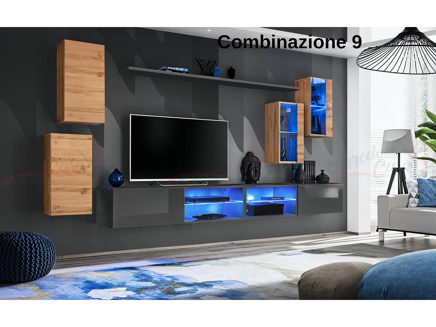 Parete attrezzata da soggiorno moderna con luci led 280x140 rovere e grigio PAP71