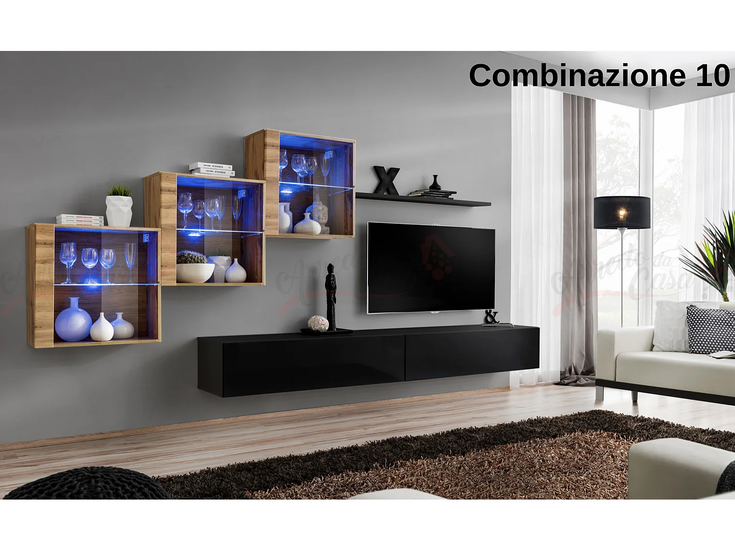 Parete attrezzata sospesa design contemporaneo con led 330x160 rovere e nero PAP65