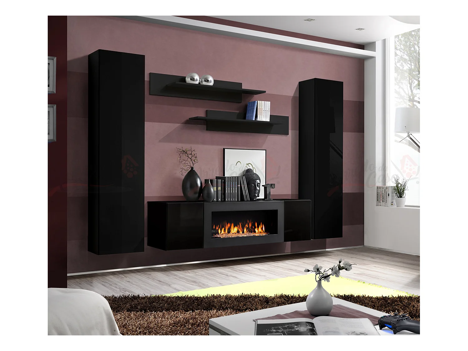 Parete attrezzata soggiorno moderna con biocamino PAP108 260x170 nero