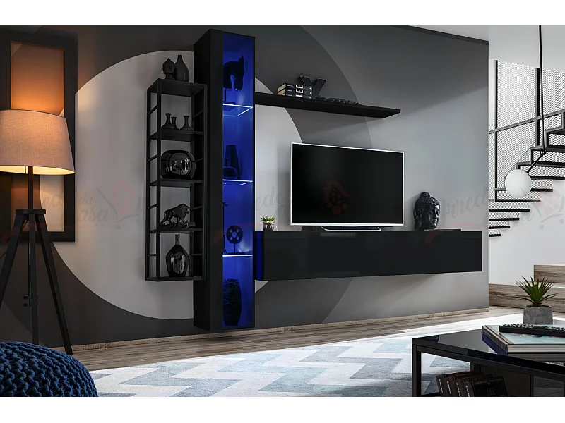 Parete attrezzata da soggiorno vetrina sospesa 240x180 nero PAP79