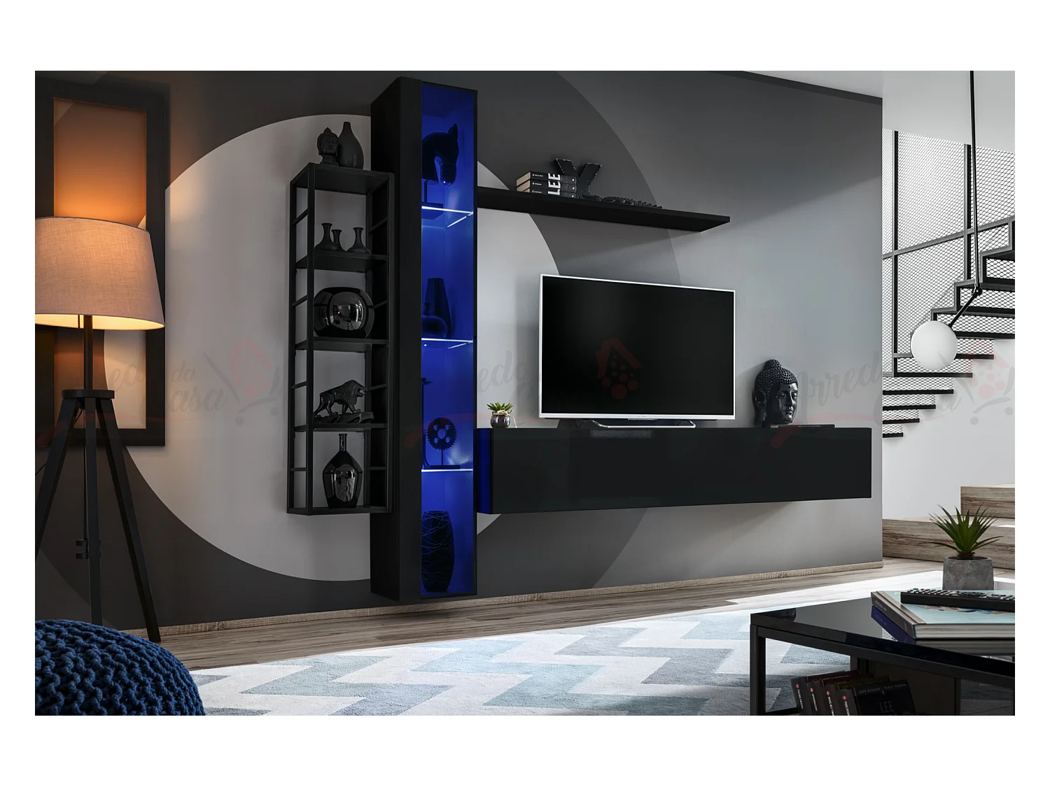 Parete attrezzata da soggiorno vetrina sospesa 240x180 nero PAP79