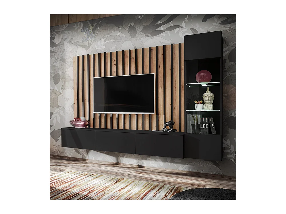 Parete attrezzata 220x148cm sospesa per salotto design moderno nero e rovere PAP143