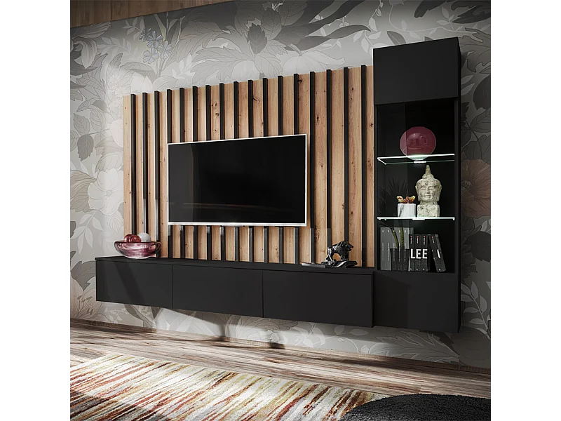 Parete attrezzata 220x148cm sospesa per salotto design moderno nero e rovere PAP143