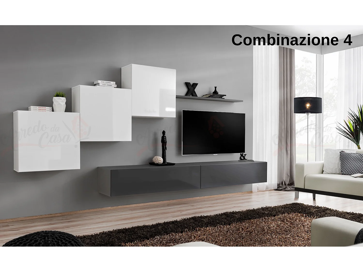 Parete attrezzata mobile TV moderna 330x160 bianco e grigio PAP54