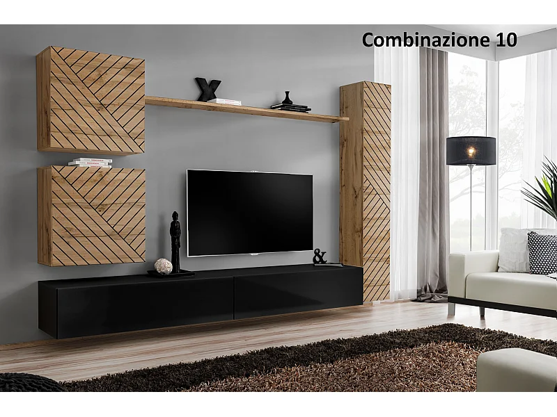 Parete attrezzata soggiorno design moderno PAP52 280x180 rovere e nero