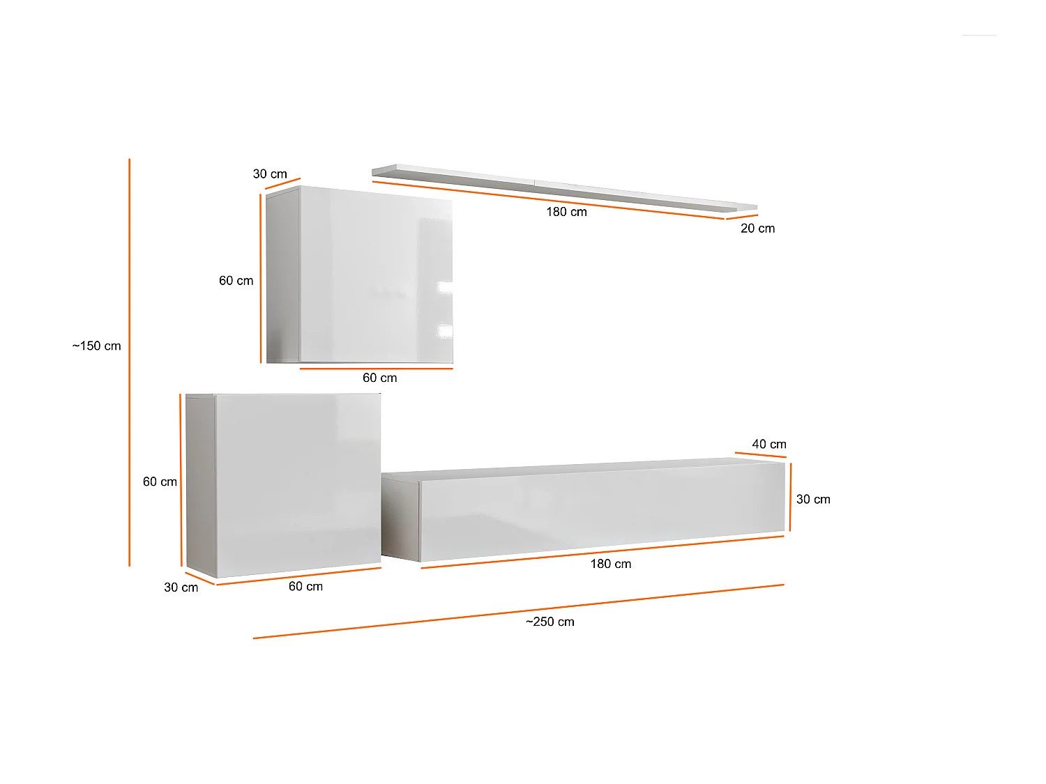 Parete attrezzata moderna mobile TV PAP49 250x150 bianco e nero