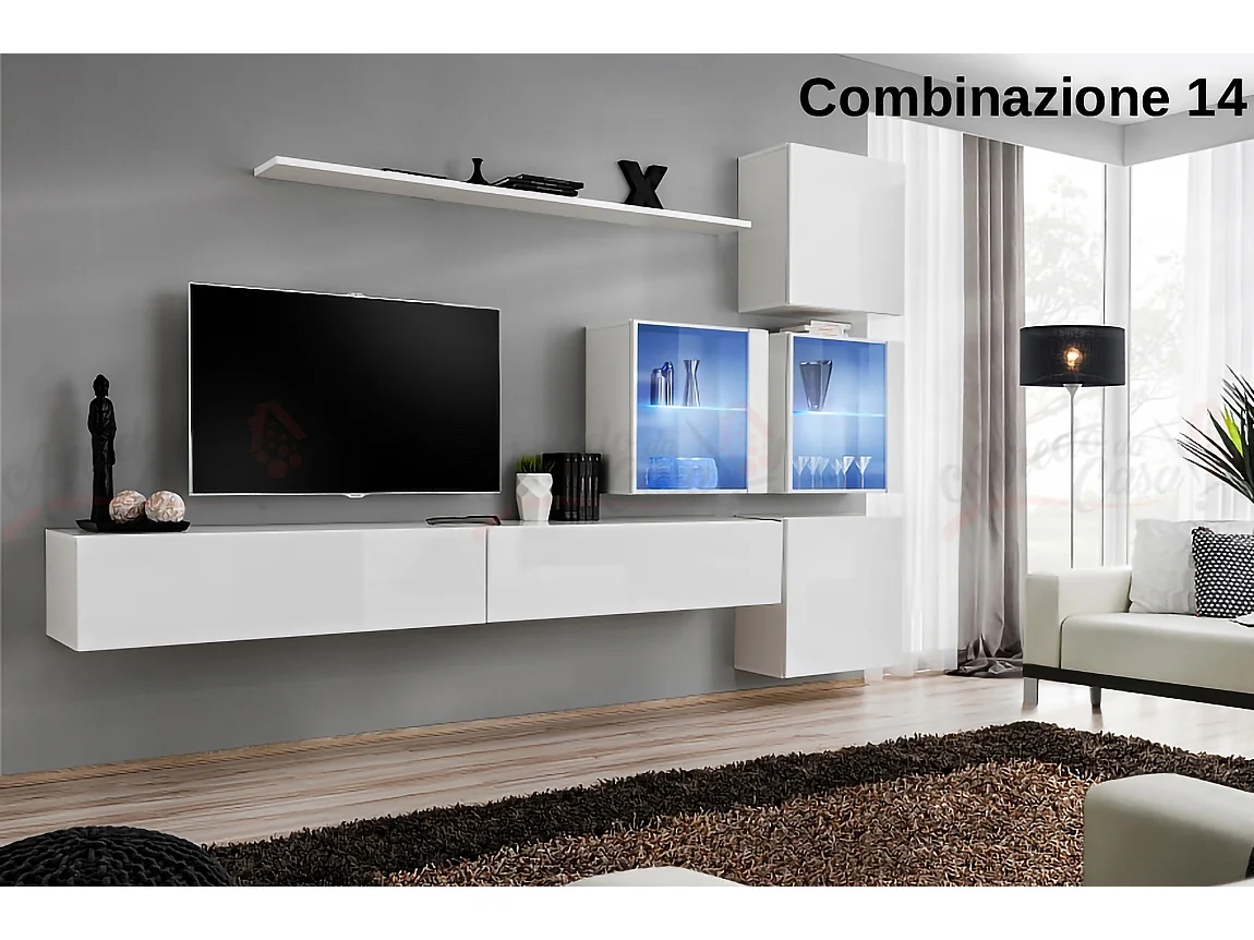 Parete attrezzata sospesa moderna con vetrinette 310x200 bianco PAP63