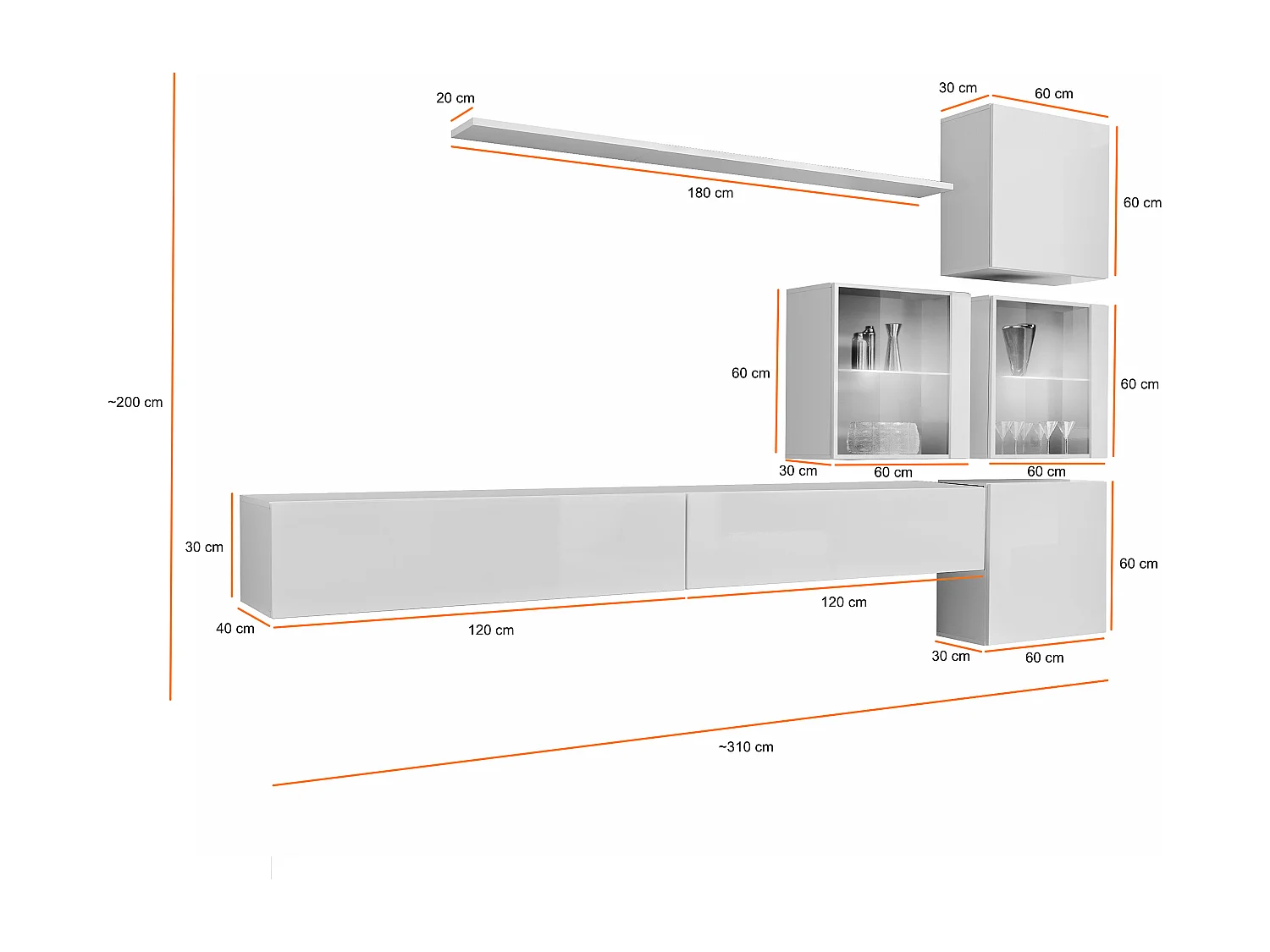 Parete attrezzata sospesa moderna con vetrinette 310x200 bianco PAP63