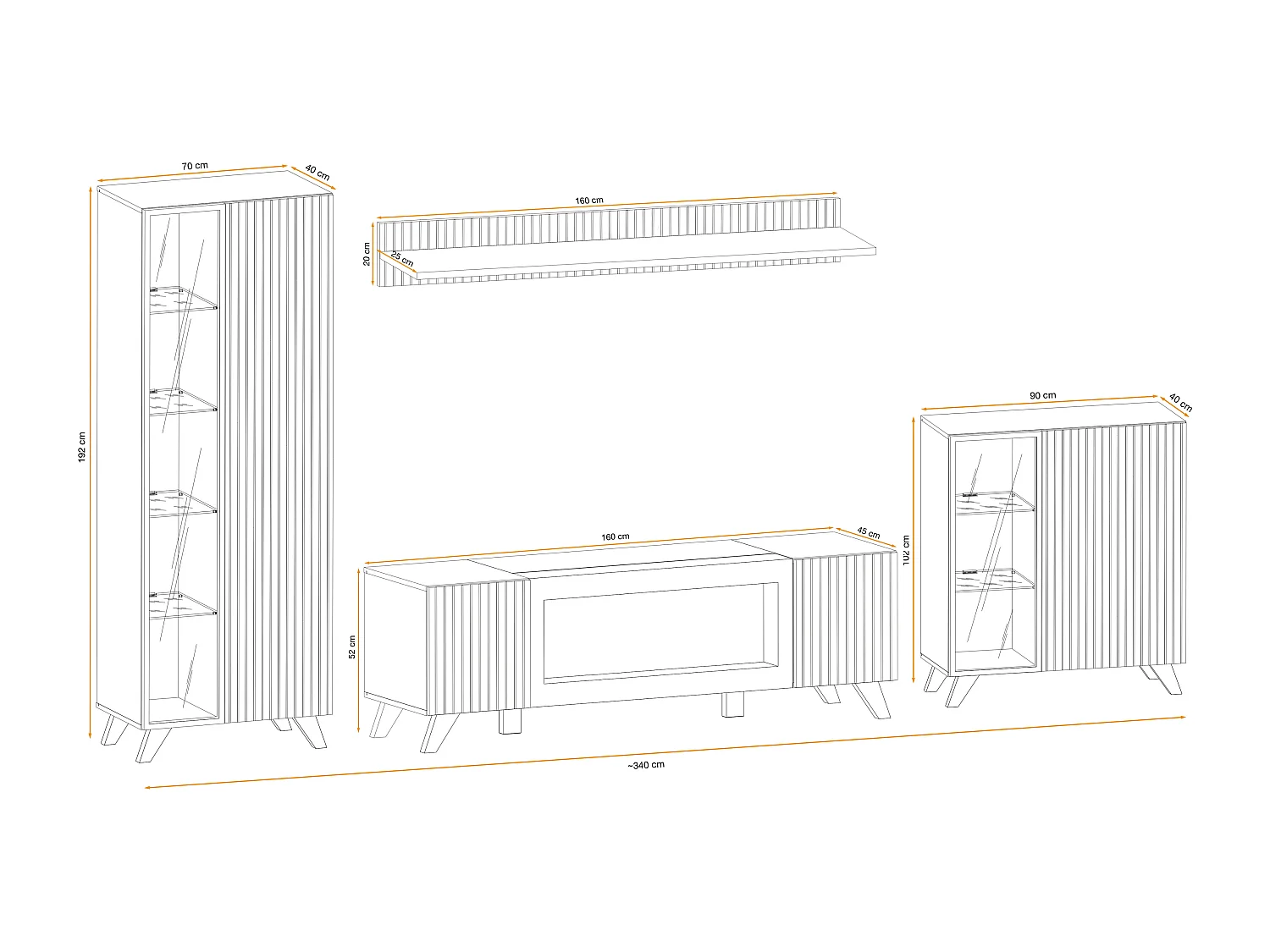 Parete attrezzata moderna a strisce con biocamino 320x192 rovere e stampa a strisce nere PAP145