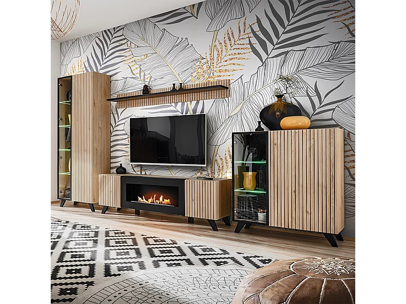 Parete attrezzata moderna a strisce con biocamino 320x192 rovere e stampa a strisce nere PAP145