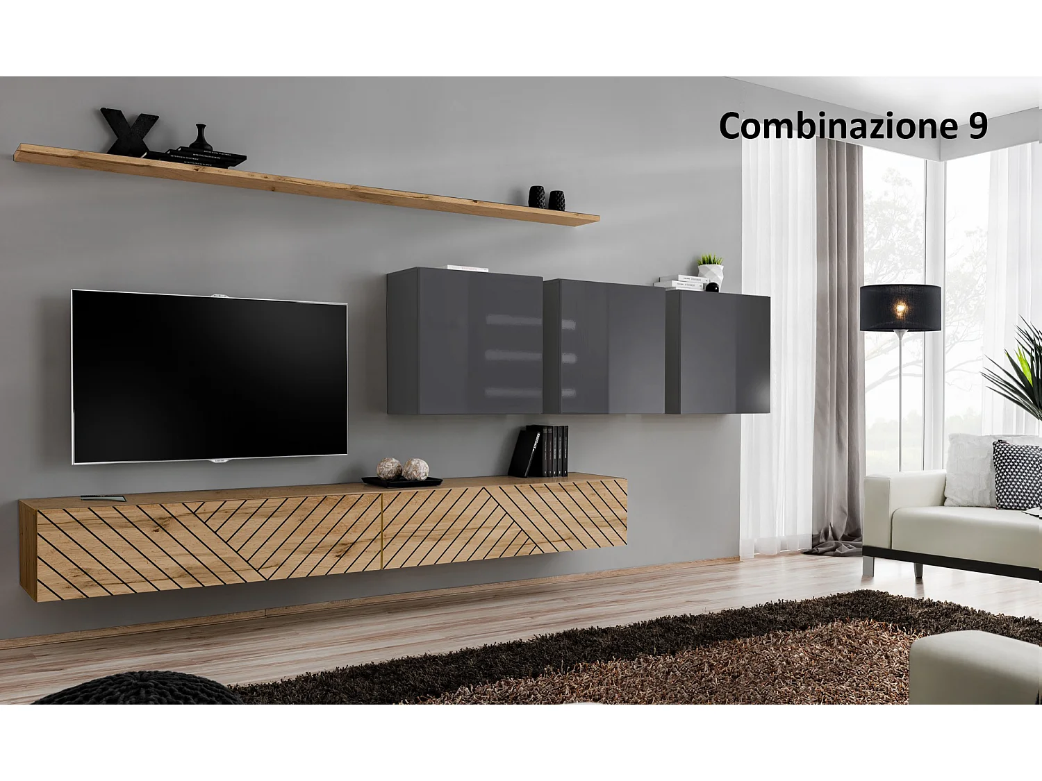 Parete attrezzata da soggiorno sospesa PAP51 340x150 rovere e grigio