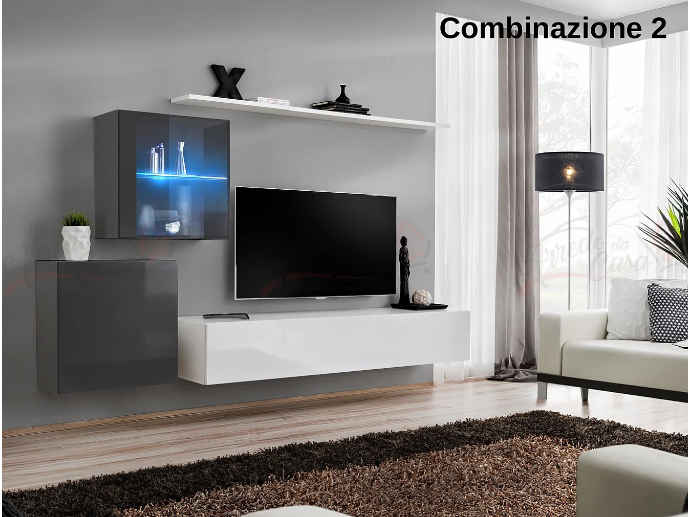 Parete attrezzata design moderno con vetrina illuminata PAP59 250x150 grigio e bianco