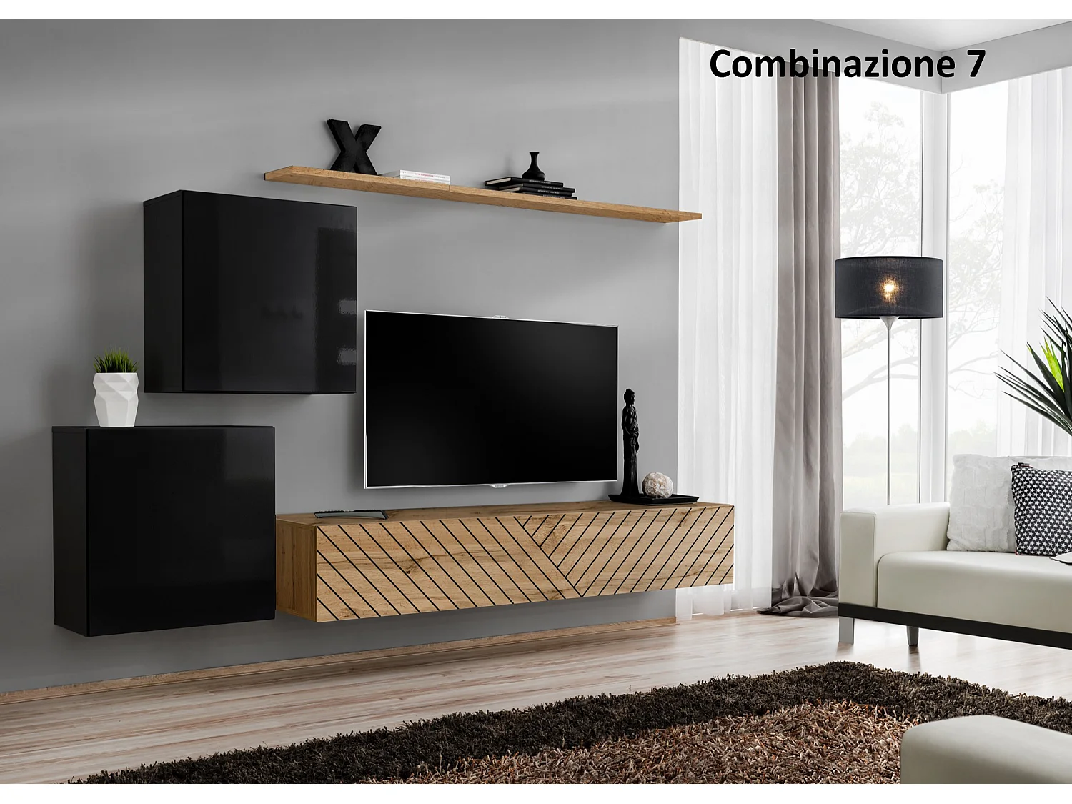 Parete attrezzata moderna mobile TV PAP49 250x150 nero e rovere
