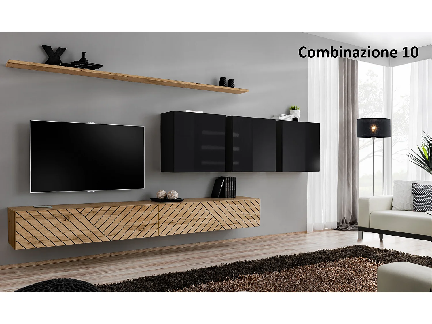 Parete attrezzata da soggiorno sospesa PAP51 340x150 rovere e nero