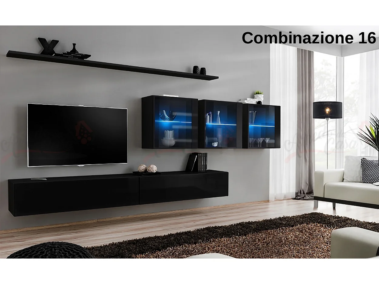 Parete attrezzata design moderno con vetrina 340x150 nero PAP61