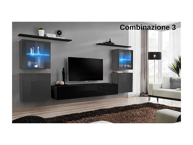 Parete attrezzata moderna con vetrine illuminate a led 320x150 grigio e nero PAP58
