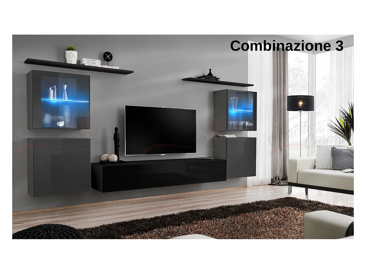 Parete attrezzata moderna con vetrine illuminate a led 320x150 grigio e nero PAP58