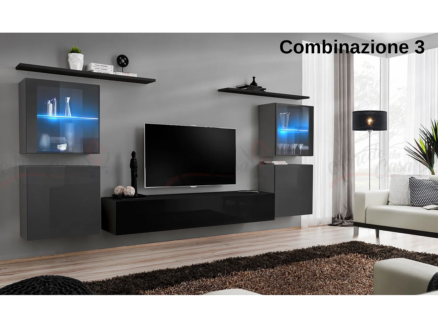 Parete attrezzata moderna con vetrine illuminate a led 320x150 grigio e nero PAP58