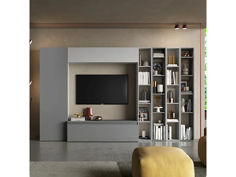 Parete attrezzata con libreria 305x186 cm grigio e grigio chiaro PAL19