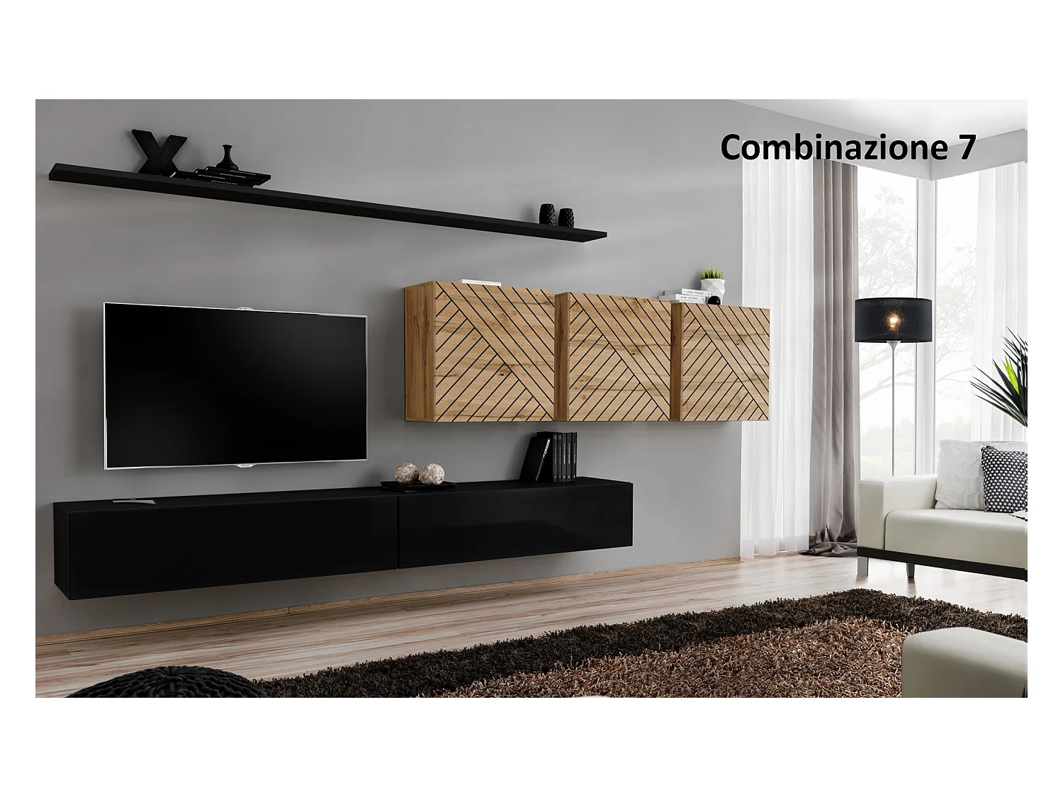 Parete attrezzata da soggiorno sospesa PAP51 340x150 nero e rovere